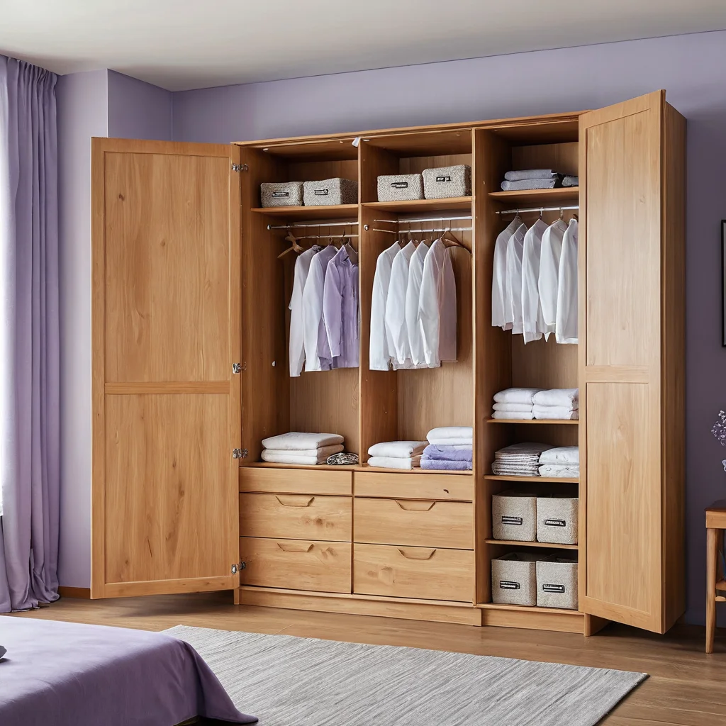 Открытый шкаф из чистого дерева с аккуратно разложенными саше с лавандой, мешочками силикагеля и небольшими поглотителями запаха внутри, демонстрирующий методы защиты мебели от возвращения неприятных запахов старости.