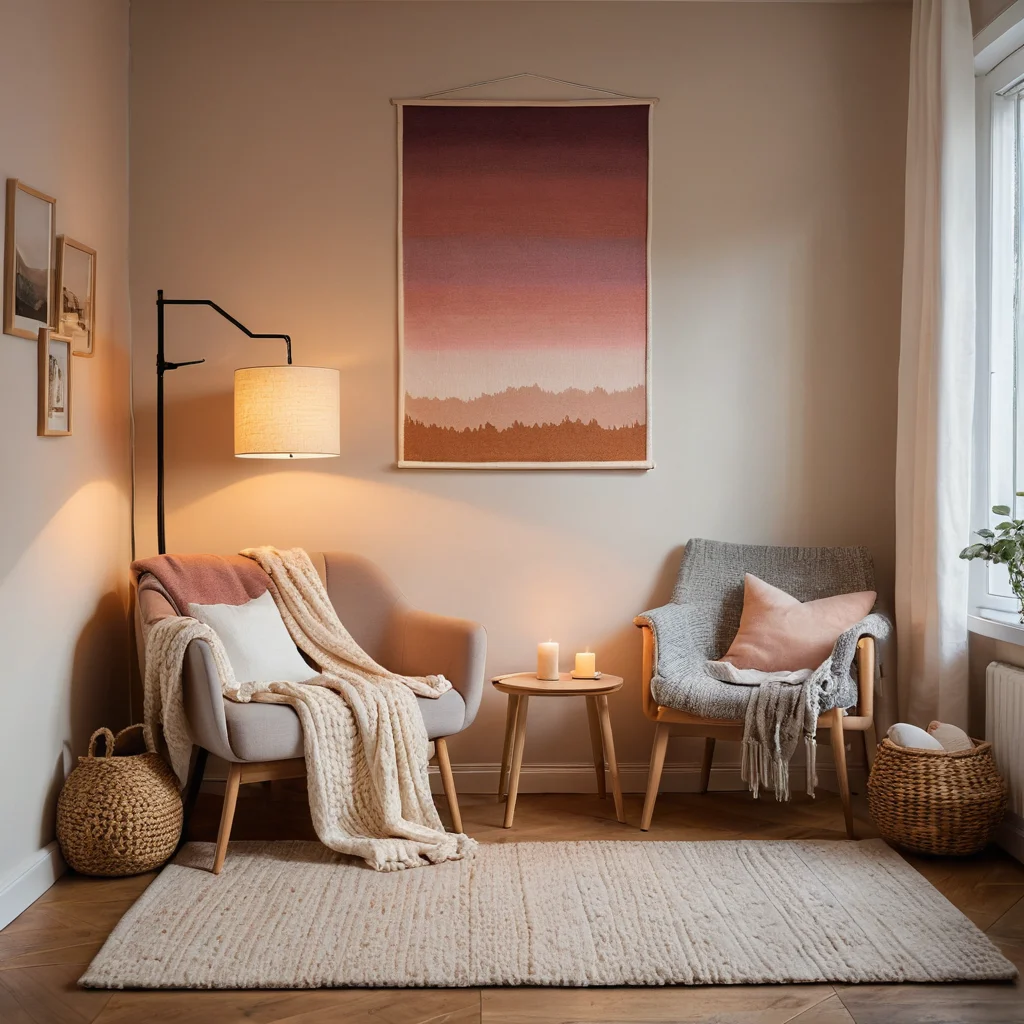 Фотореалистичное изображение комнаты с теплой, градиентной цветовой палитрой и мягкими текстурами: плюшевый ковер, вязаные пледы, цветные, но успокаивающие элементы декора. На стене видна ростовая линейка, а свет от лампы рассеянный, создавая стимулирующую и одновременно успокаивающую атмосферу, полную уюта.