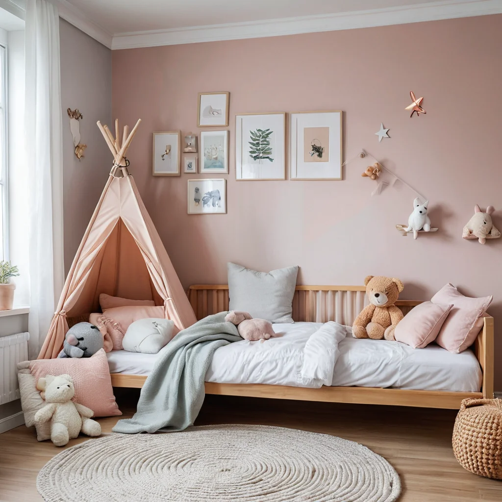 Фотореалистичное изображение уголка детской комнаты, оформленного в мягких пастельных тонах. На стене висят детские рисунки, а в маленькой кроватке спят плюшевые игрушки. Игривые детали контрастируют со взрослым минималистичным декором, демонстрируя концепцию 'детского уюта' как безопасного и привлекательного пространства.