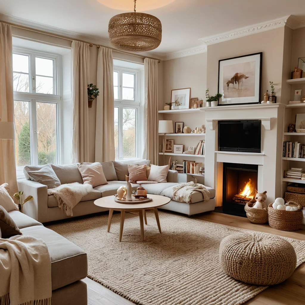 Фотореалистичное изображение семьи, взаимодействующей в теплой и располагающей атмосфере. Декор комнаты демонстрирует тонкие корректировки: игрушки аккуратно хранятся, но остаются доступными. Это отражает баланс между взрослой эстетикой и потребностями ребенка, подчеркивая важность поддержания гармонии и уюта в постоянно меняющемся доме.