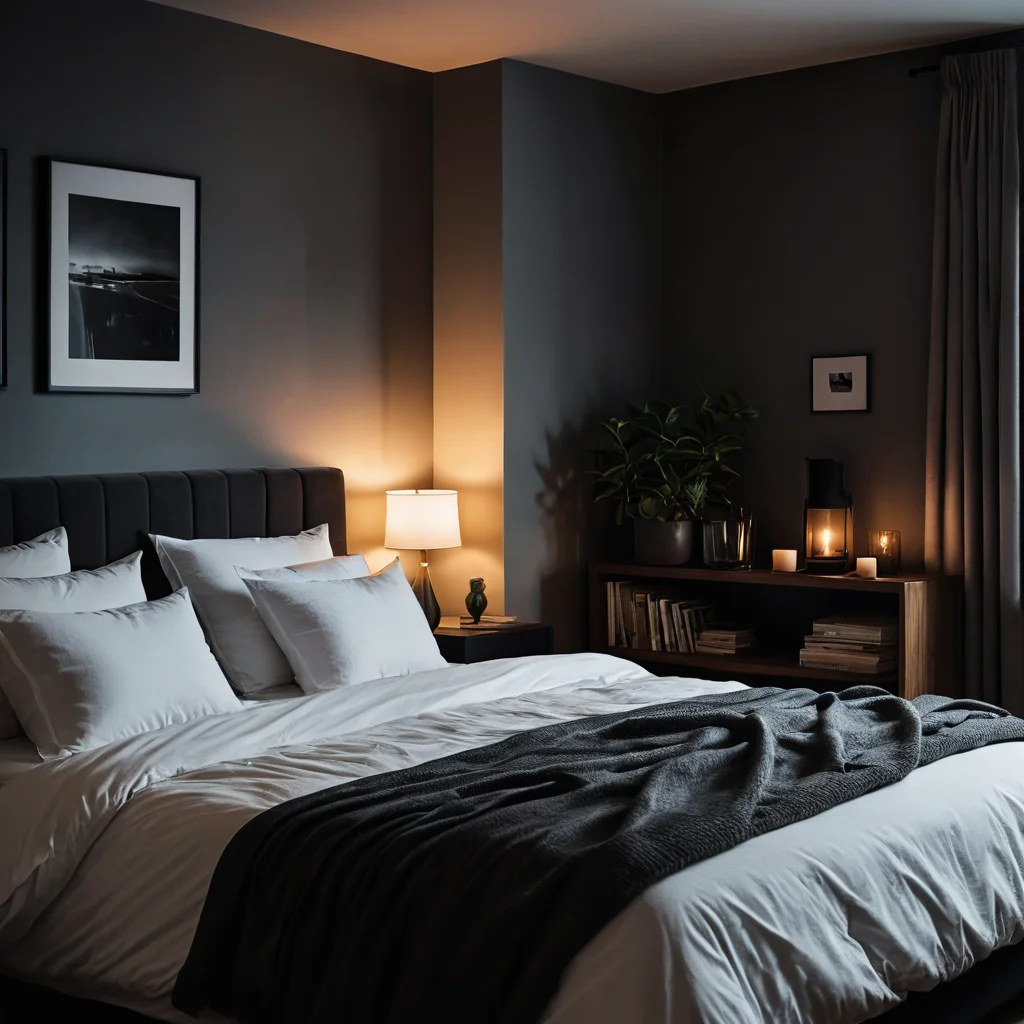 Спальня ночью, погруженная в покой и безопасность, с едва заметным ночным освещением, подчеркивающим уют.