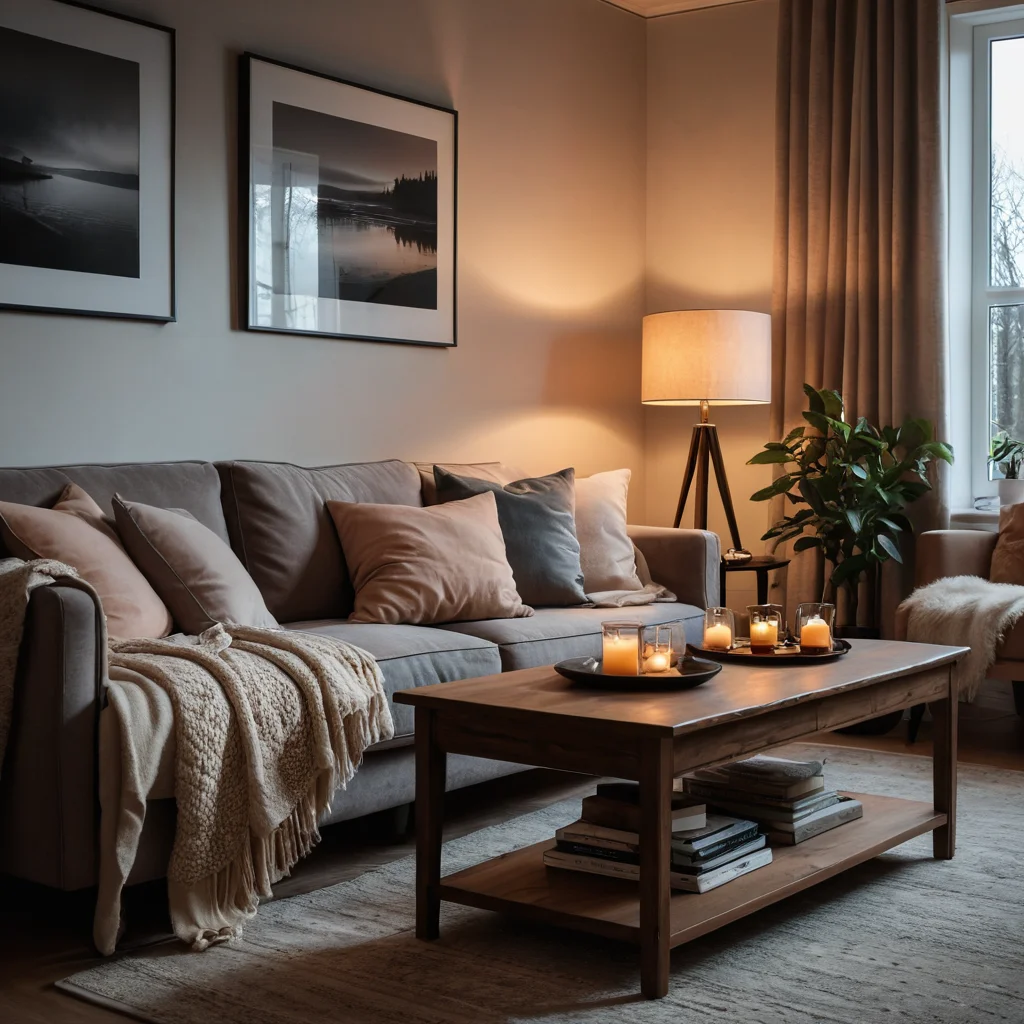 Гостиная в сумерках, освещенная приглушенным светом ламп, создающая уютную атмосферу для вечернего отдыха.
