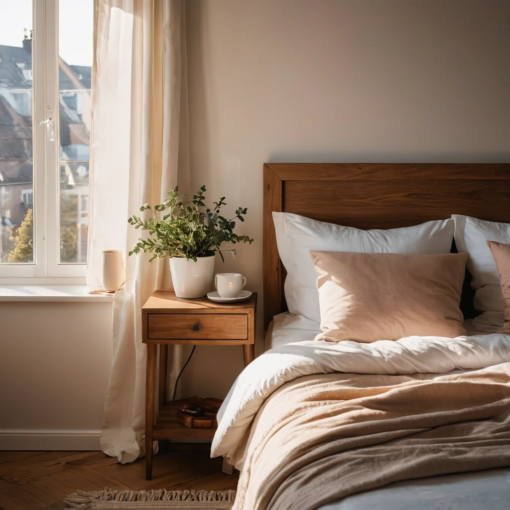 Спальня, залитая мягким утренним солнечным светом, создающим золотистую атмосферу, с акцентом на уют и пробуждение.