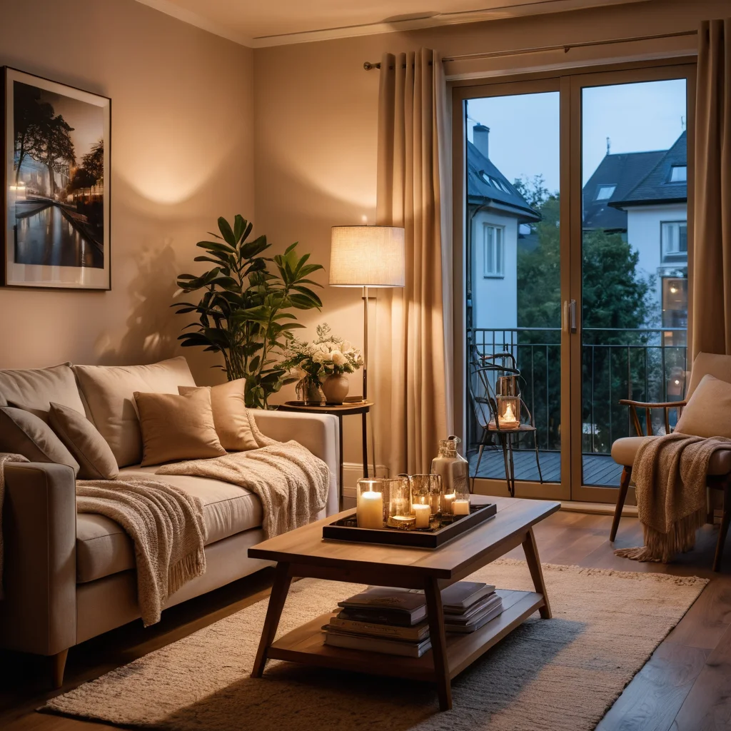 Уютная гостиная вечером, освещенная теплым искусственным светом, создающая расслабляющую и гармоничную атмосферу.