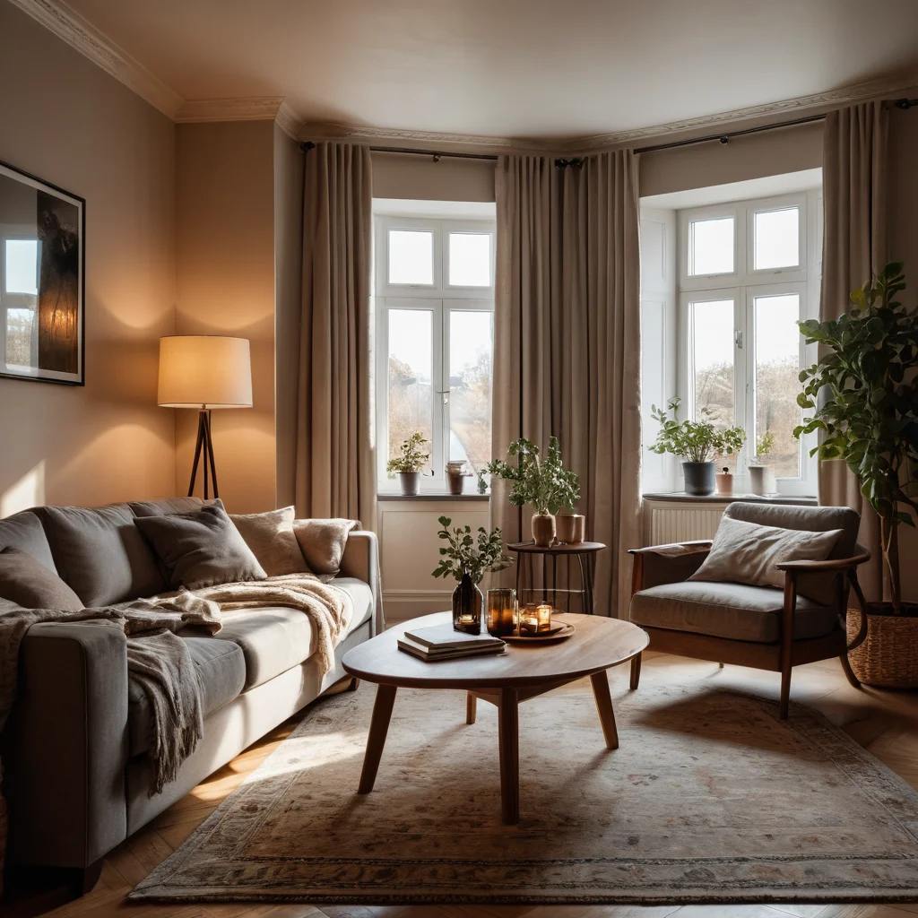 Контрастное изображение гостиной, демонстрирующее переход от яркого дневного света к мягкому вечернему освещению, с игрой теней и подчеркнутыми текстурами.