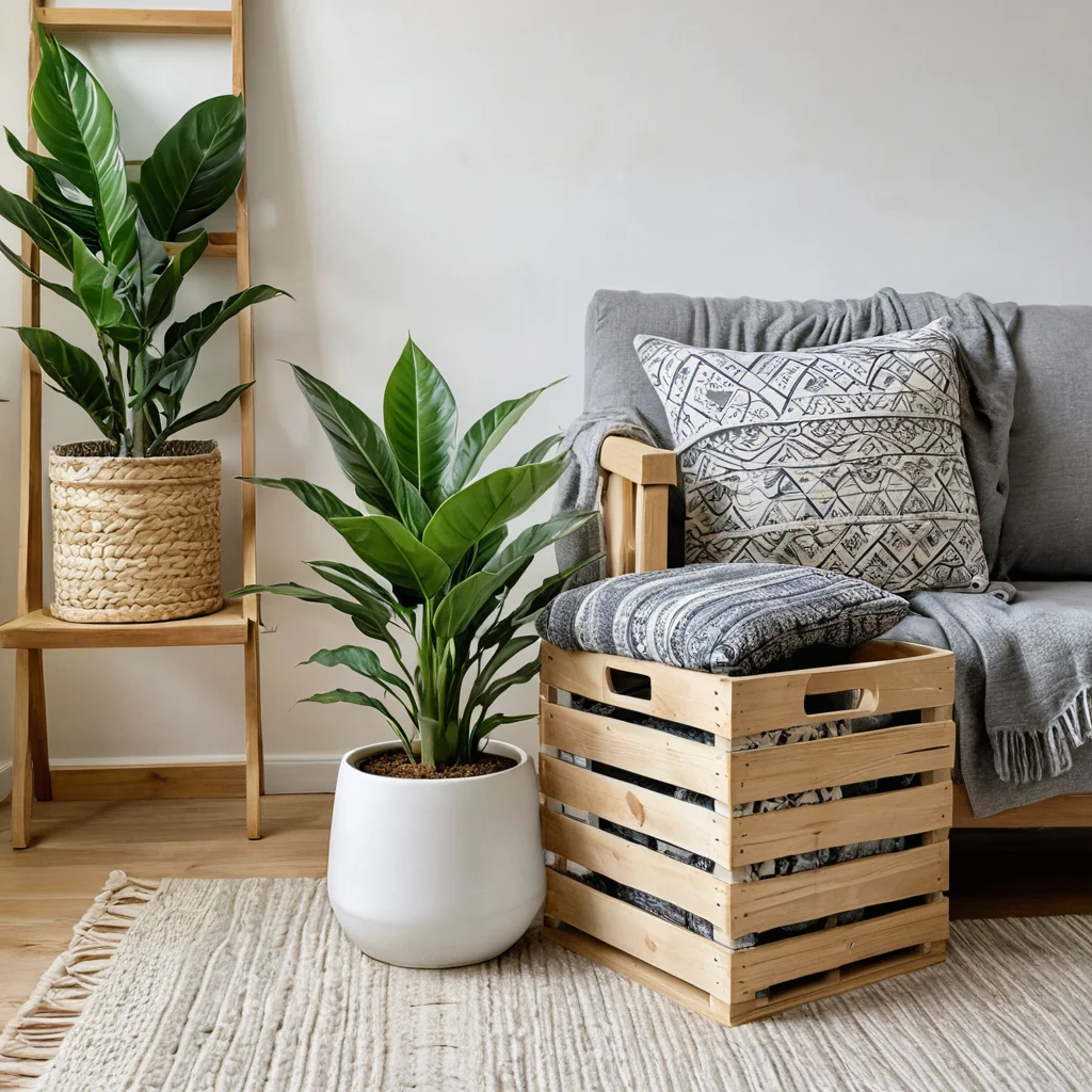 Сравнительное изображение одного и того же бюджетного декоративного элемента (например, деревянной полки), стилизованного в двух разных интерьерах: скандинавском минимализме и уютном стиле бохо, демонстрируя универсальность декора при обновлении интерьера.