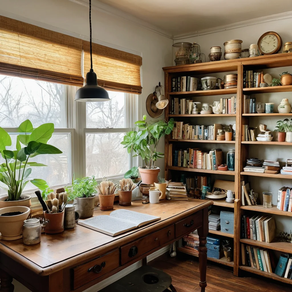 Композиция из найденных 'сокровищ' для декора: винтажные вазы с блошиного рынка, переделанные старые книги и стильные аксессуары из фикс-прайса, показывающая возможности обновления интерьера на 1000 рублей.