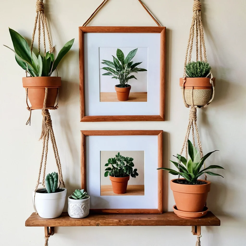 Коллаж из трех DIY-проектов до 300 рублей: перекрашенная стеклянная банка в качестве вазы, рамка для фото из старых материалов и простая гирлянда своими руками, демонстрирующие бюджетное обновление интерьера.