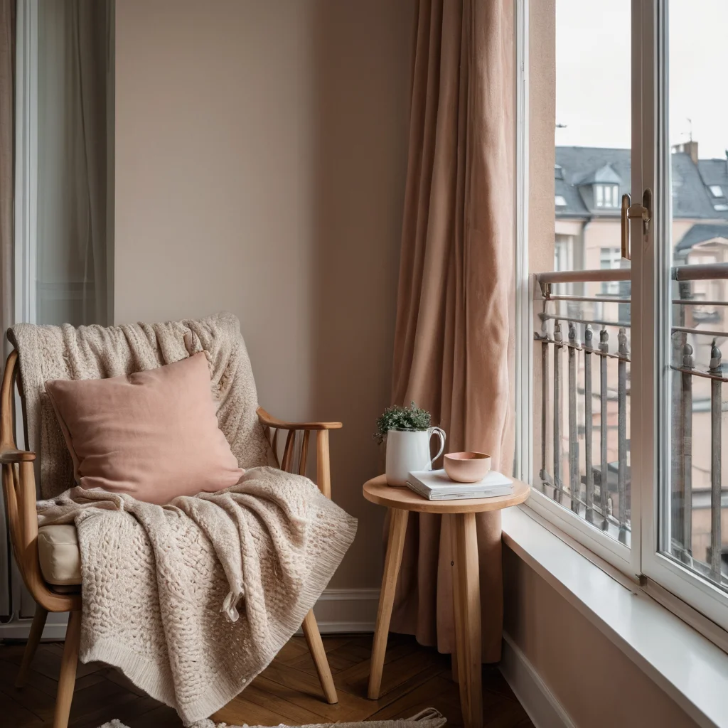 Балкон, оформленный в тёплой цветовой палитре с использованием землистых оттенков и мягких пастельных тонов, с уютными текстильными элементами, создающими успокаивающую атмосферу.