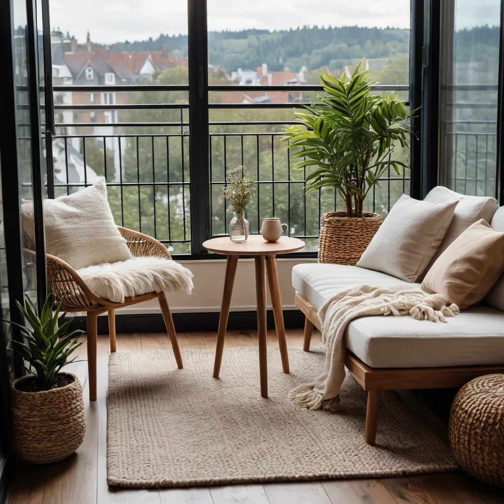 Удобная мебель и мягкий текстиль на балконе: пышные подушки, уютный ковёр и эргономичные сиденья, создающие максимальный тактильный комфорт и располагающие к отдыху.