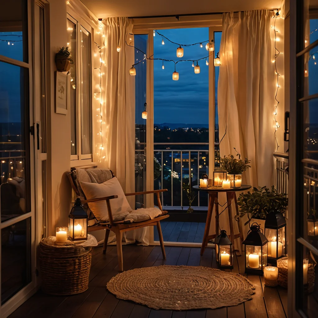 Вечернее освещение балкона с гирляндами, фонарями и свечами, создающее интимную и волшебную атмосферу с мягким, мерцающим светом для уютных посиделок.