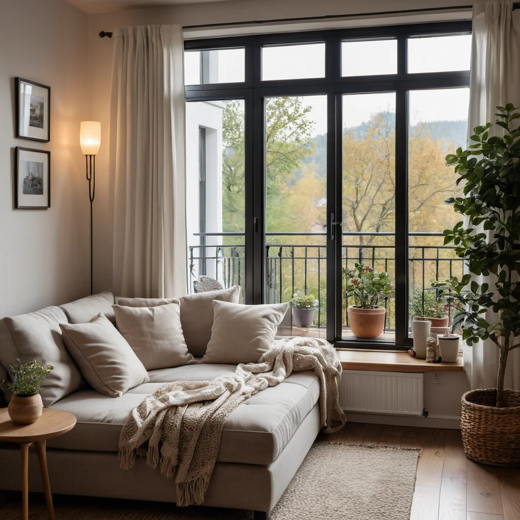 Уютное пространство закрытого балкона, оборудованное под зону для отдыха с комфортным диваном и уголком для чтения, создающее ощущение уединённости и спокойствия.