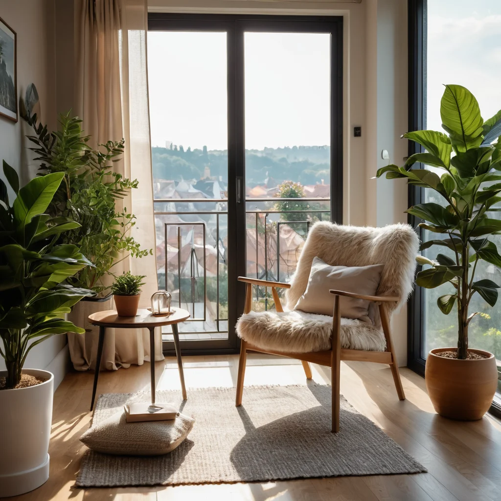 Уютное кресло на балконе, залитое тёплым солнечным светом, с зелёными растениями, создающее атмосферу умиротворения и личного пространства для отдыха.