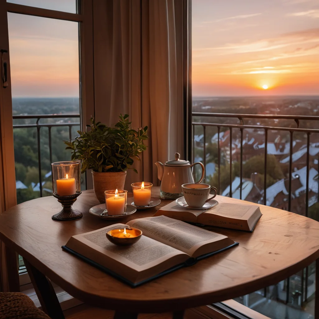 Уютный вечерний ритуал на балконе: чашка чая, книга, вид на закат, мирный вечер, личное убежище, где можно полностью расслабиться и насладиться моментом.