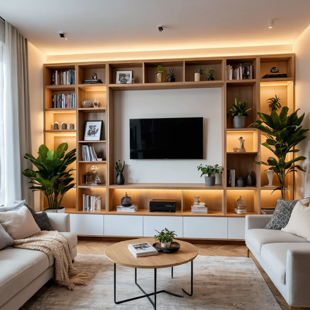 Обновленная система хранения из бывшей советской стенки, идеально вписанная в современный интерьер гостиной, с декоративной подсветкой, стильным декором и элементами персонализации.