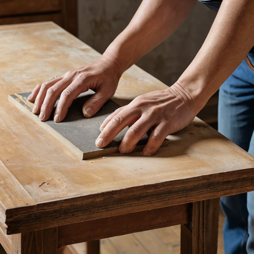 Крупный план рук, шлифующих деревянную поверхность старой советской стенки, подготовка каркаса и ремонт для последующей покраски и обновления в современную систему хранения.