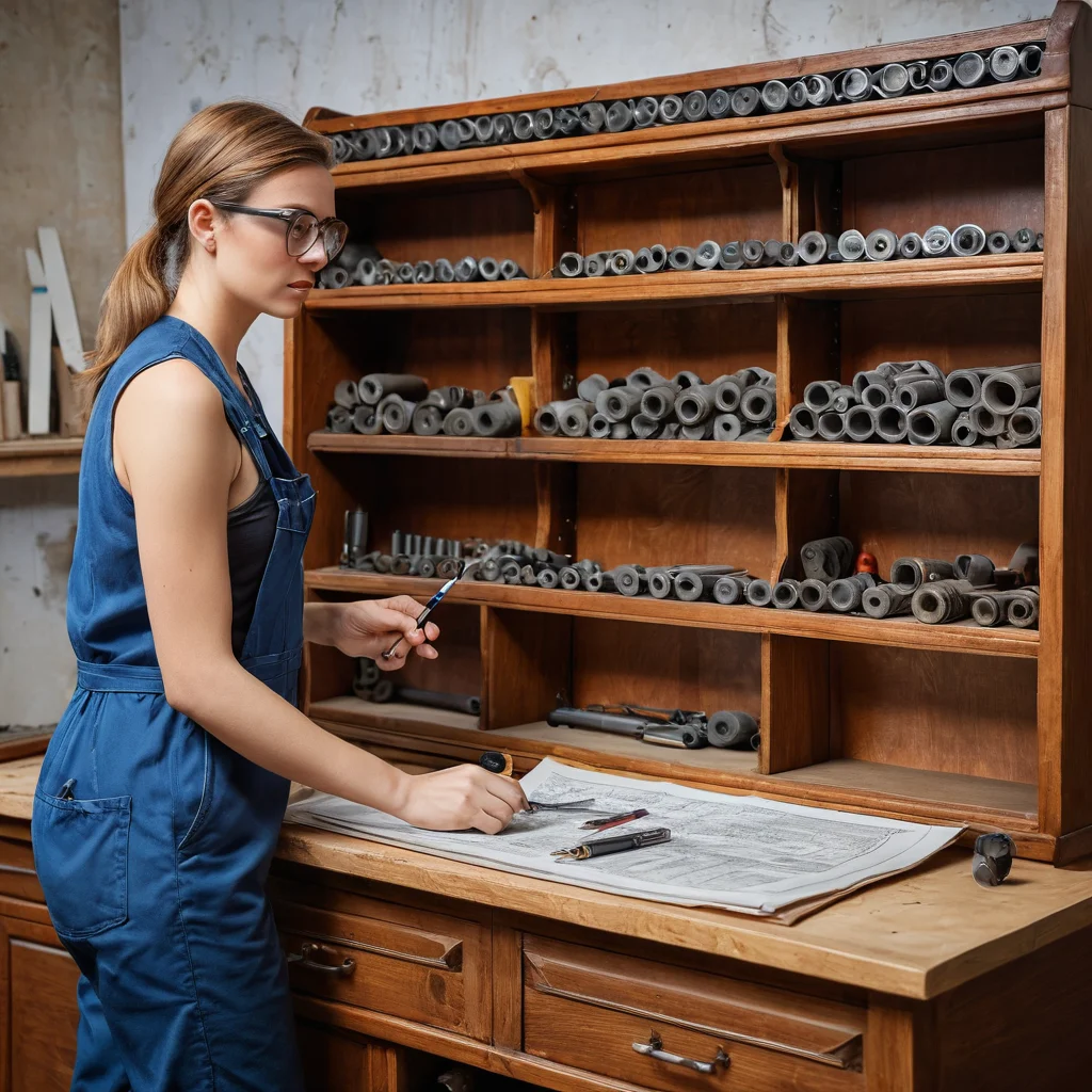 Мастер внимательно осматривает старую советскую стенку перед началом её разборки, рядом лежат инструменты и чертежи для планирования переделки в современную систему хранения.