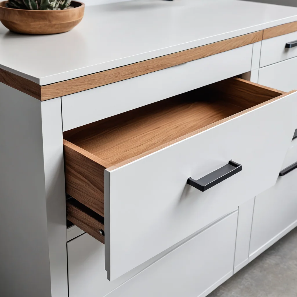 Часть обновленной советской стенки с новой матовой покраской и современной фурнитурой, демонстрирующая процесс трансформации стиля с помощью покраски и выбора новых ручек.