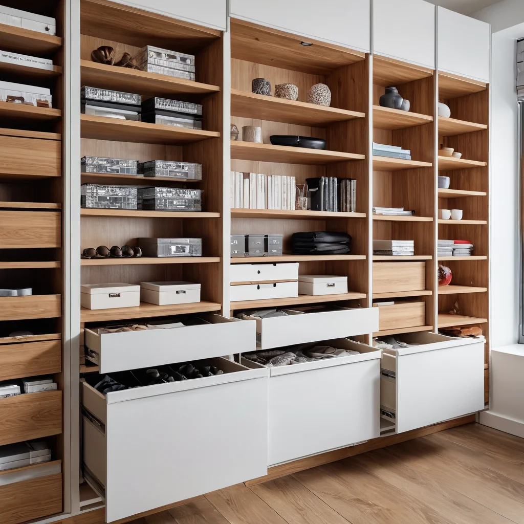 Открытые ящики и полки модернизированной советской стенки, демонстрирующие функциональные отсеки и умные решения для хранения вещей, созданные под индивидуальные нужды.