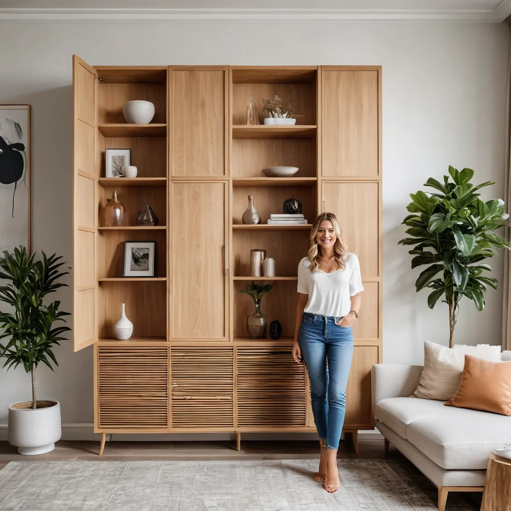 Довольный мастер рядом со своей полностью преображенной советской стенкой, ставшей стильной системой хранения, демонстрирующий гордость за результат DIY-проекта и вдохновляющий на новые переделки.