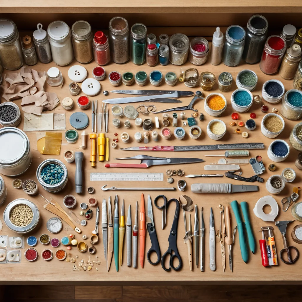 Аккуратно организованный рабочий стол с инструментами и материалами для творчества: ножницы, клеевой пистолет, краски, ткани, бусины и пуговицы для апгрейда вещей.