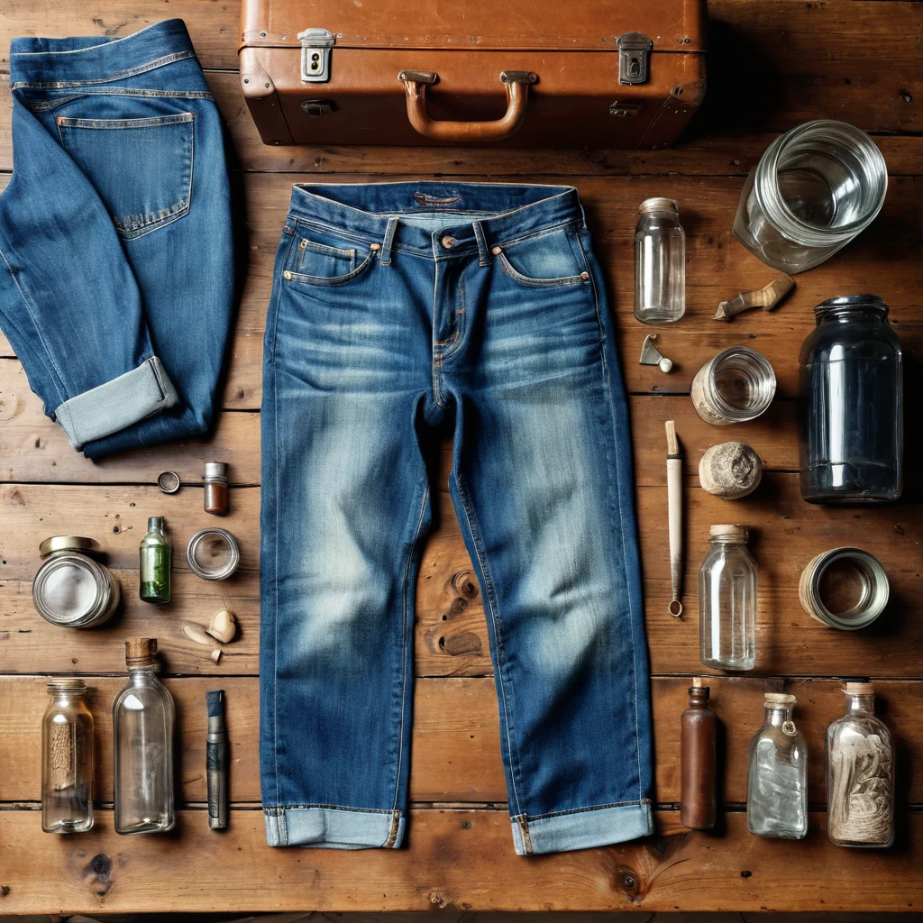 Вид сверху на старые вещи, такие как винтажный чемодан, джинсы и книги, разложенные на деревянном столе, готовые к превращению в уникальные подарки.