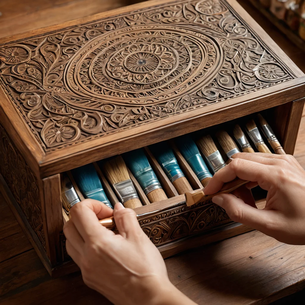 Крупный план рук, аккуратно расписывающих старую деревянную шкатулку узорами, демонстрируя тренд на персонализированные и экологичные подарки своими руками.