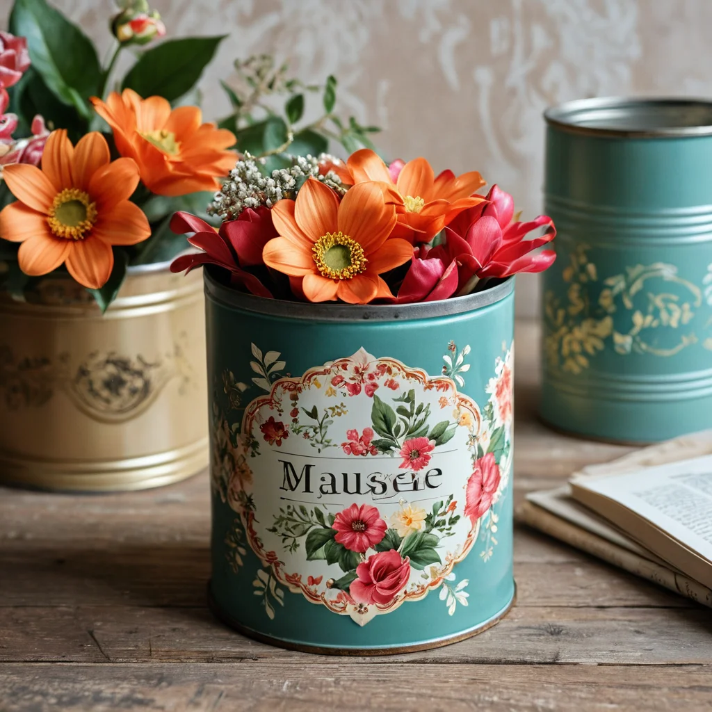 Красиво оформленная подарочная коробка, сделанная из старой жестяной банки с цветочными узорами и лентами, как пример идеи подарка своими руками.