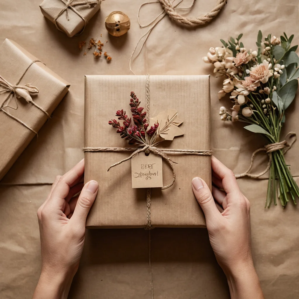 Руки, красиво упаковывающие самодельный подарок в крафтовую бумагу с бечевкой и сухоцветами, демонстрирующие душевное оформление подарка из переделанной вещи.