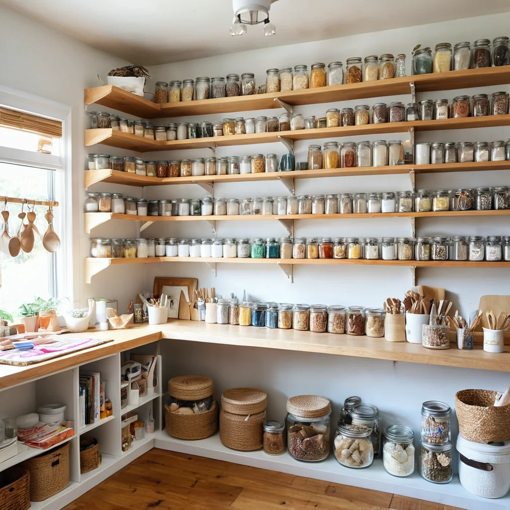 Светлая и просторная мастерская, наполненная солнечным светом, с полками, заставленными яркими DIY-проектами и материалами, как источник вдохновения для творчества.