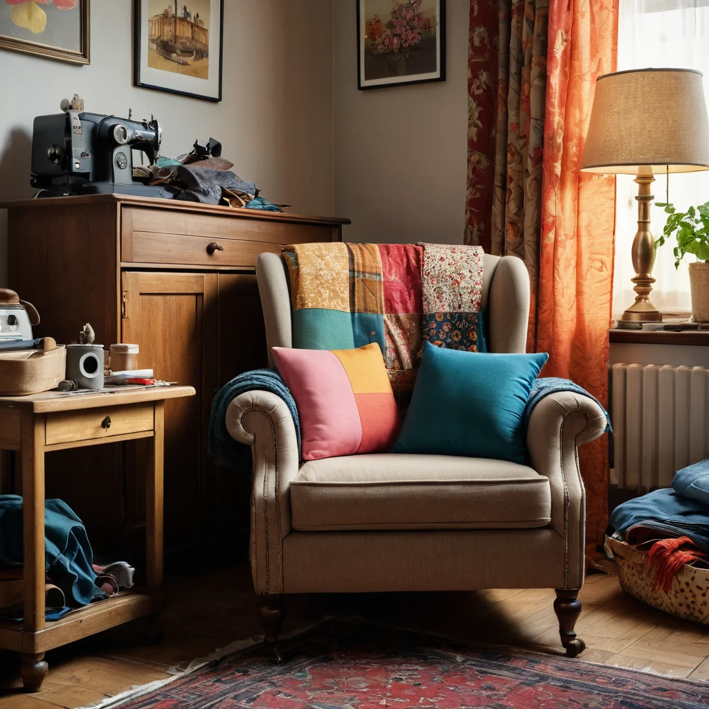 Уютная гостиная в стиле фотореализма, где старое кресло перетягивается яркой тканью, создавая атмосферу творчества и давая вещам вторую жизнь.