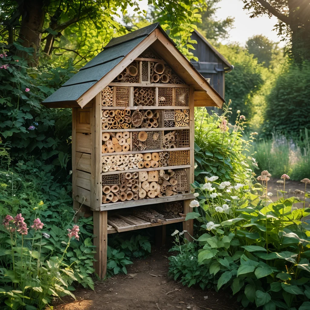 Image of an 'insect hotel' built from unsuitable materials or located in the wrong place, against the backdrop of a neglected garden corner, illustrating common mistakes.