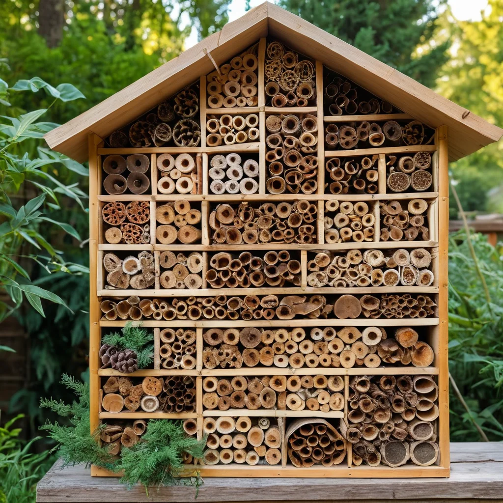 The process of creating a DIY 'insect hotel': a wooden structure filled with natural materials such as bamboo tubes, pine cones, and straw, in the assembly process.