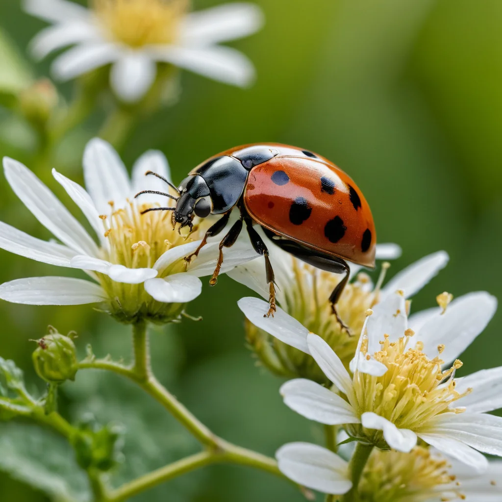 Close-up of various beneficial insects in their natural habitat: a ladybug, a lacewing, and a predatory beetle, macro shot with high detail.