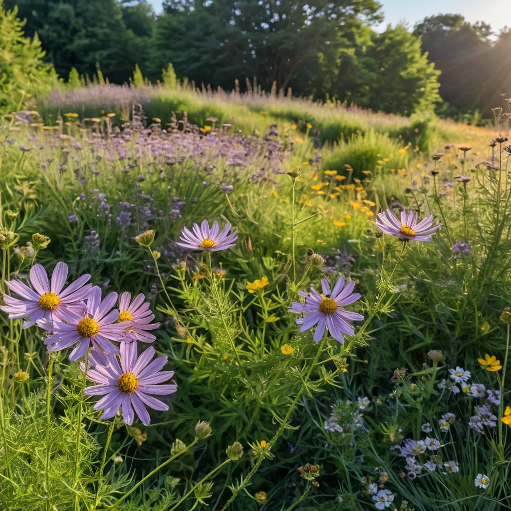 Picturesque meadow with wildflowers, including lavender, dill, yarrow, and cosmos, attracting bees and butterflies, in a bright sunny garden.