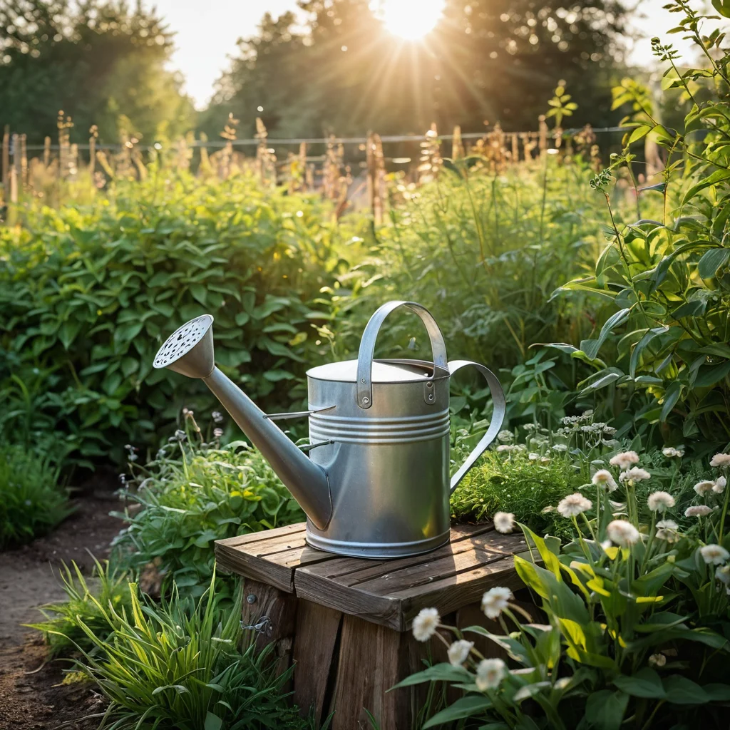 Garden tools, a watering can, placed next to an 'insect hotel', symbolizing careful care and maintenance of the health of plants and their inhabitants in soft sunlight.