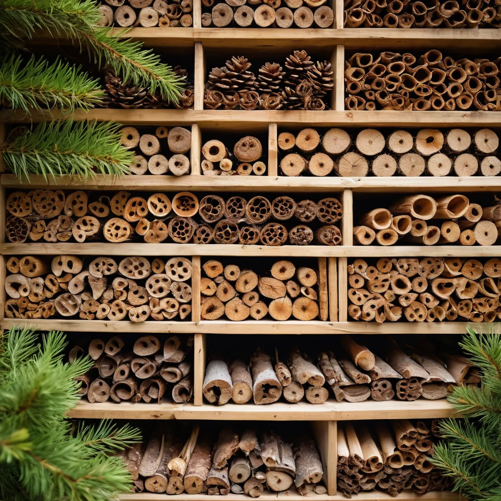 Close-up of various materials used for building an 'insect hotel': hollow plant stems, pine cones, drilled wooden blocks, and bamboo sticks with detailed textures.