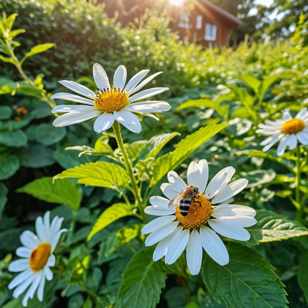 Солнечный летний день в пышном саду, где пчелы опыляют яркие цветы, а божьи коровки ползают по зеленым листьям, демонстрируя здоровую экосистему, привлекающую полезных насекомых.