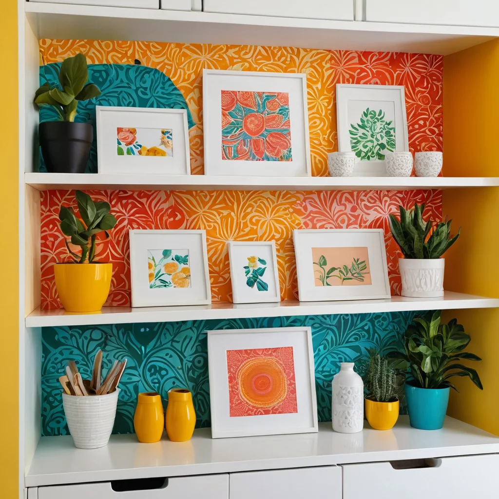 Яркий арт-объект из бюджетного стеллажа IKEA, преображенный с помощью смелой покраски и трафаретных узоров в стиле DIY.