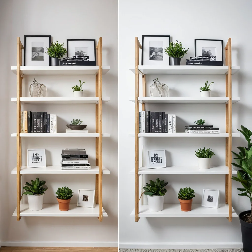 Сравнение бюджетного стеллажа IKEA до и после кастомизации, демонстрирующее преображение для DIY-декора.