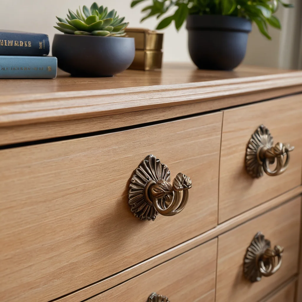 Крупный план: новая ручка на ящике комода, переделанного из старой мебели, рядом с комнатным растением и книгами. Фото демонстрирует, как мелкие детали придают новой мебели законченный вид и идеально вписывают ее в интерьер.