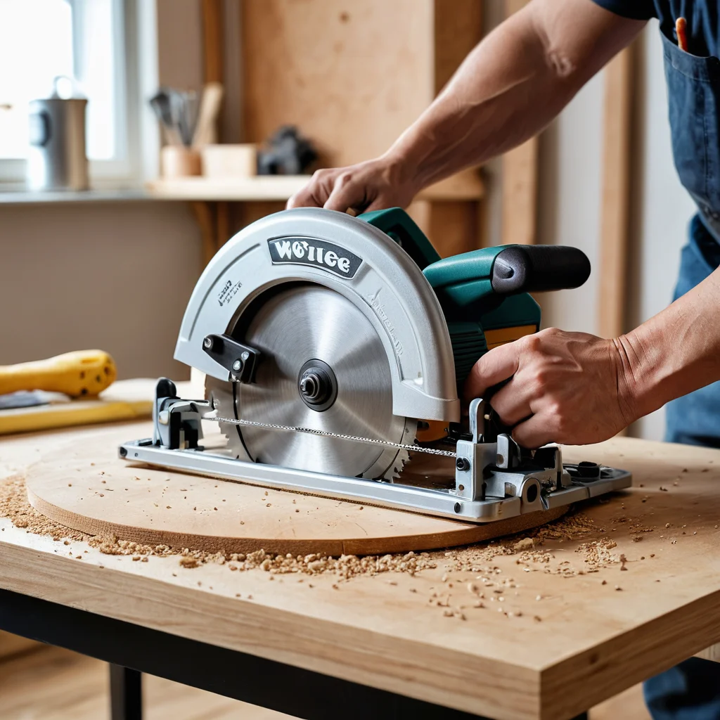 Мастер работает в домашней мастерской: на переднем плане человек распиливает деревянную доску циркулярной пилой, на заднем — красит элементы новой мебели, демонстрируя основы распила, покраски и сборки.