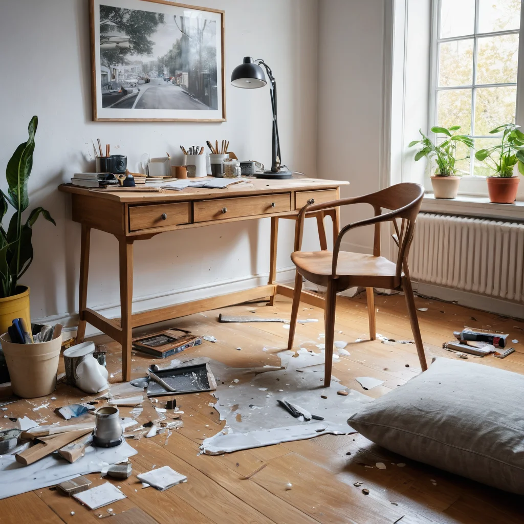 Человек с расстроенным лицом стоит перед незавершенным проектом мебели, где видны типичные ошибки: кривые соединения, пролитая краска, потерянные детали, что подчеркивает важность планирования и аккуратности в DIY-проектах.