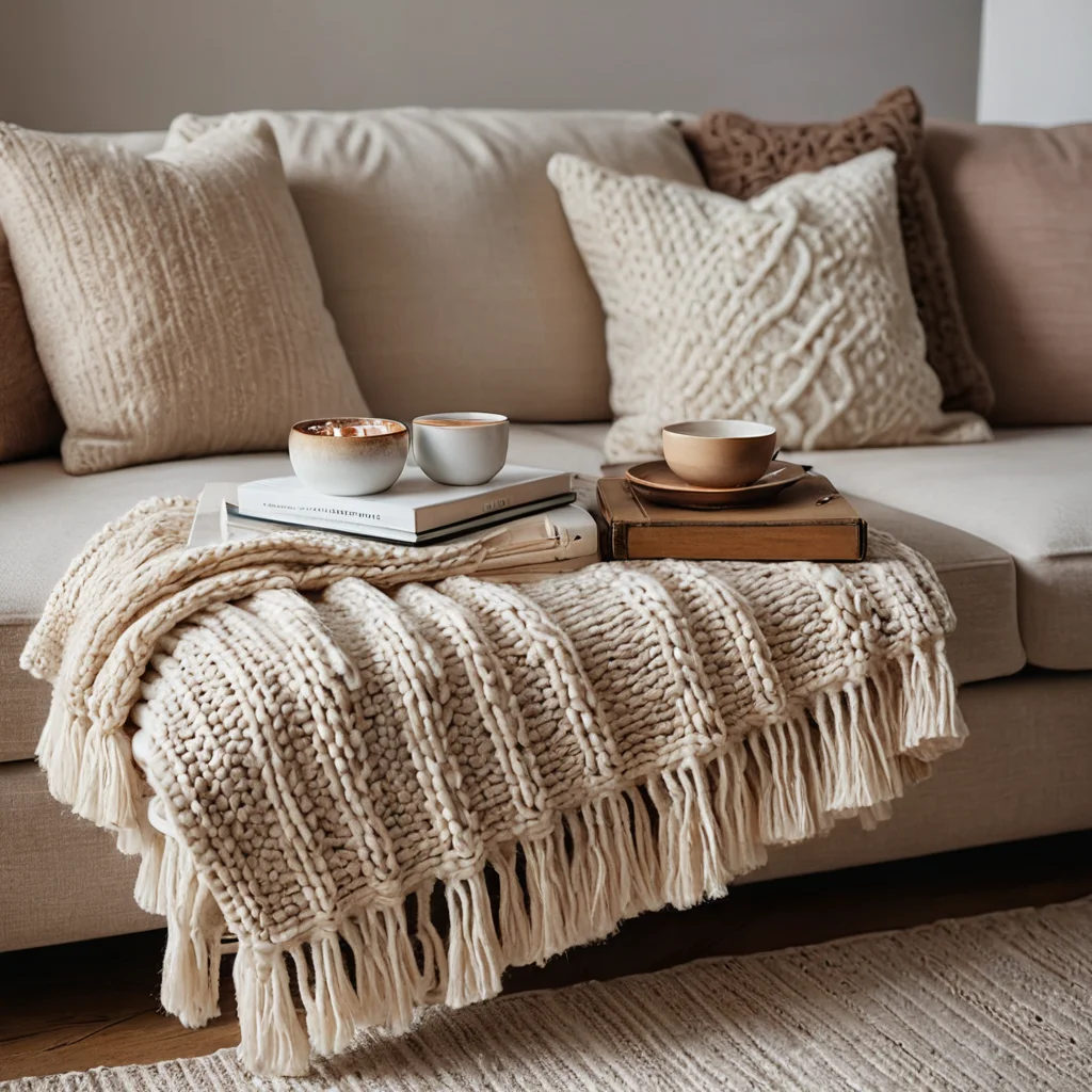 Крупный план декора гостиной: вязаные пледы, плюшевые подушки и декоративные аксессуары, меняющие атмосферу на уютную и теплую.
