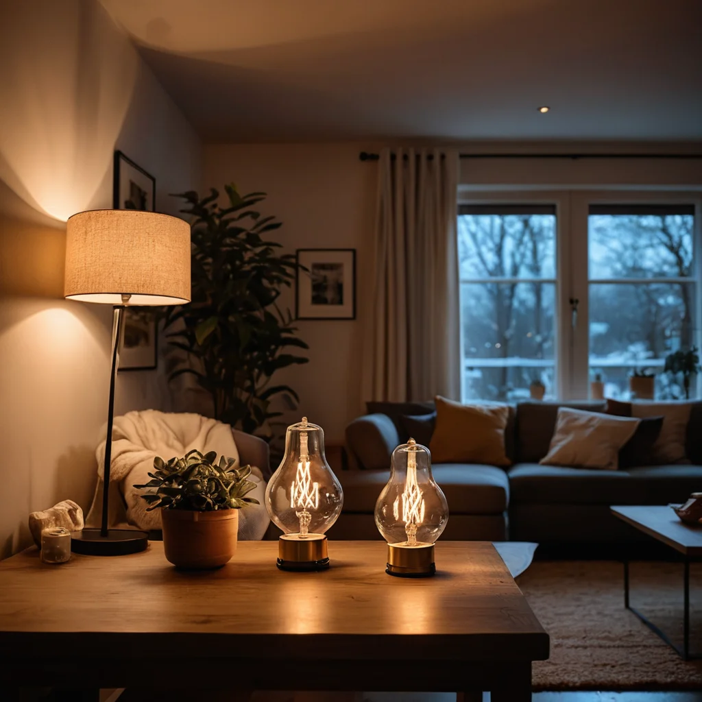 Гостиная, где игра света: теплые лампы накаливания и холодные светодиоды создают контраст и влияют на восприятие температуры в комнате.