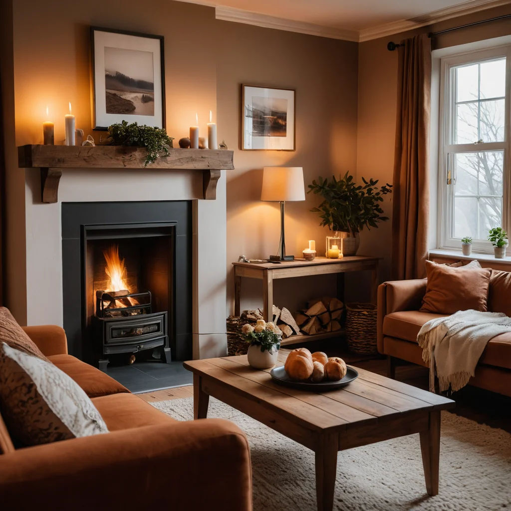 Уютная гостиная с теплыми цветами, богатыми текстурами, горящим камином и мягким освещением, создающая атмосферу домашнего очага.