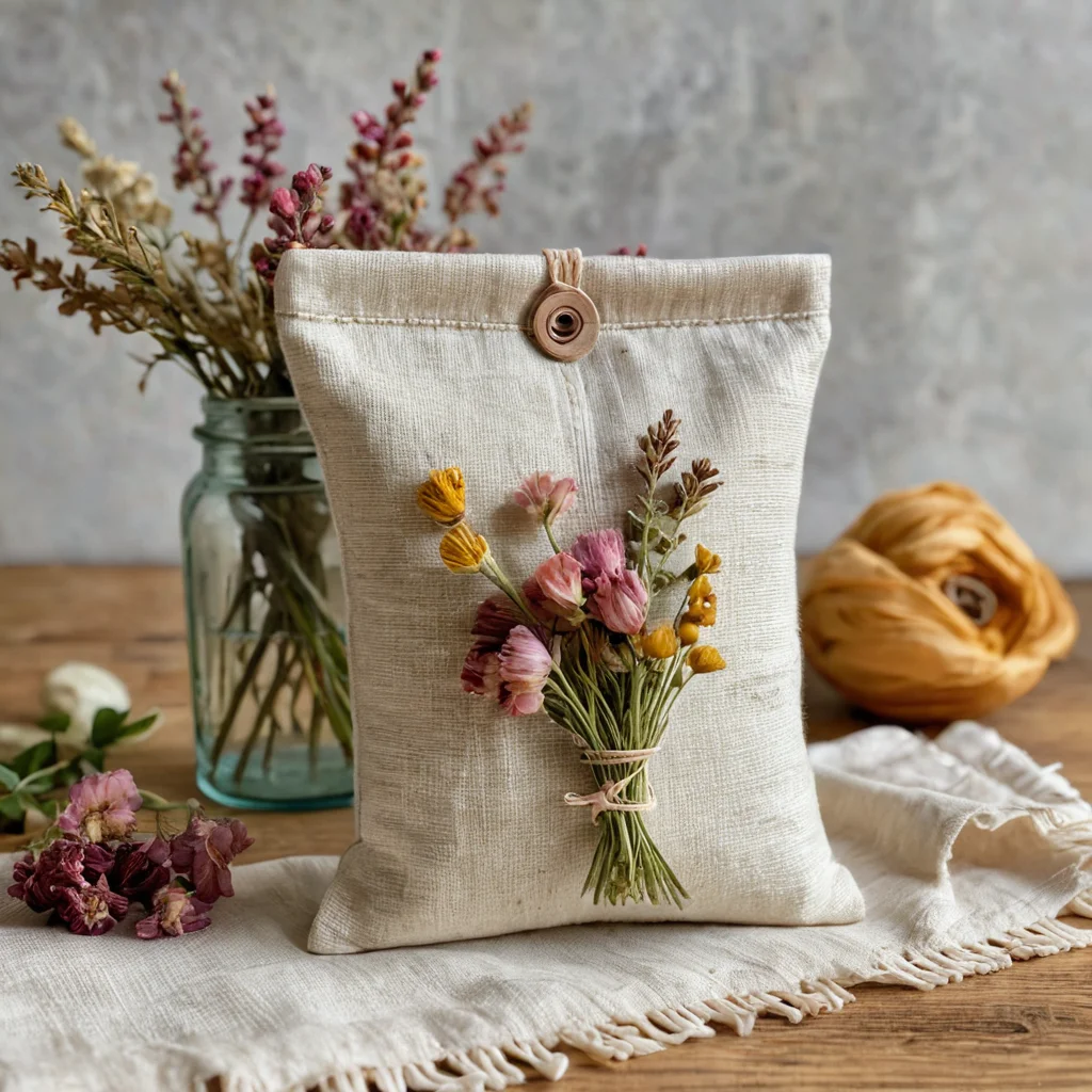 Крупный план слегка переполненного ароматического саше с неаккуратными стежками и помятыми сухоцветами, иллюстрирующий частые ошибки новичков при создании DIY декора, и советы по продлению жизни саше.