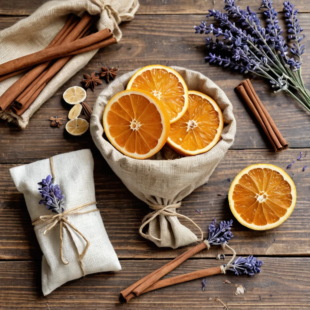 Крупный план разнообразных ингредиентов для создания ароматических саше своими руками: сушеные апельсиновые дольки, палочки корицы, лаванда, гвоздика, обрезки ткани и джутовая бечевка, аккуратно разложенные на деревенском столе.