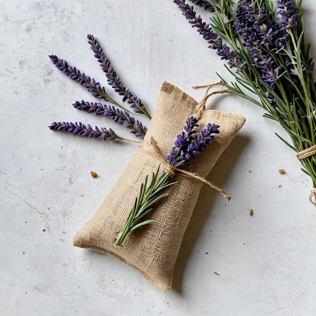 Изысканное ароматическое саше ручной работы из льняной ткани с минималистичной этикеткой и веточкой лаванды, демонстрирующее секреты стильного оформления, чтобы избежать вида «дешевой поделки» и создать элегантный домашний декор.