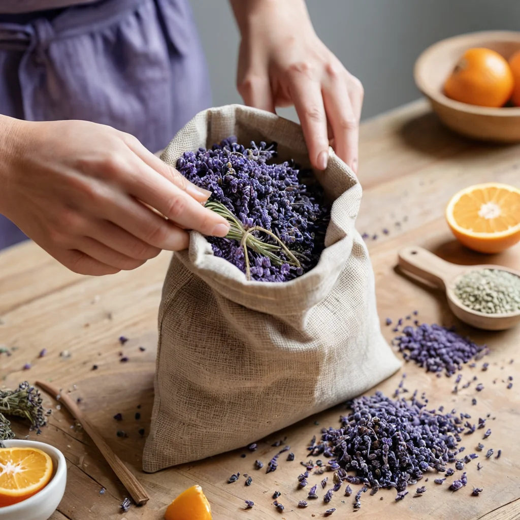 Крупный план рук, аккуратно наполняющих льняной мешочек сушеными цветами лаванды и апельсиновыми дольками, демонстрирующий один из шагов пошагового мастер-класса по созданию ароматного саше своими руками.
